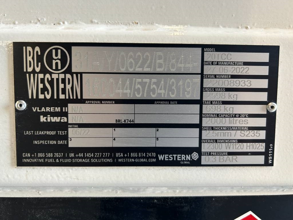 Western Global 20TCC - 2.000 Liter Diesel Tank - DPX-25083 - Резервуар для хранения: фото 4 Western Global 20TCC - 2.000 Liter Diesel Tank - DPX-25083 - Резервуар для хранения: фото 4