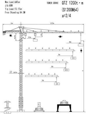 Башенный кран SYM 1200M64 гп 65т, стрела 80м, гп на конце стрелы 10т, высота свободностоящего 8 - Башенный кран: фото 1 Башенный кран SYM 1200M64 гп 65т, стрела 80м, гп на конце стрелы 10т, высота свободностоящего 8 - Башенный кран: фото 1