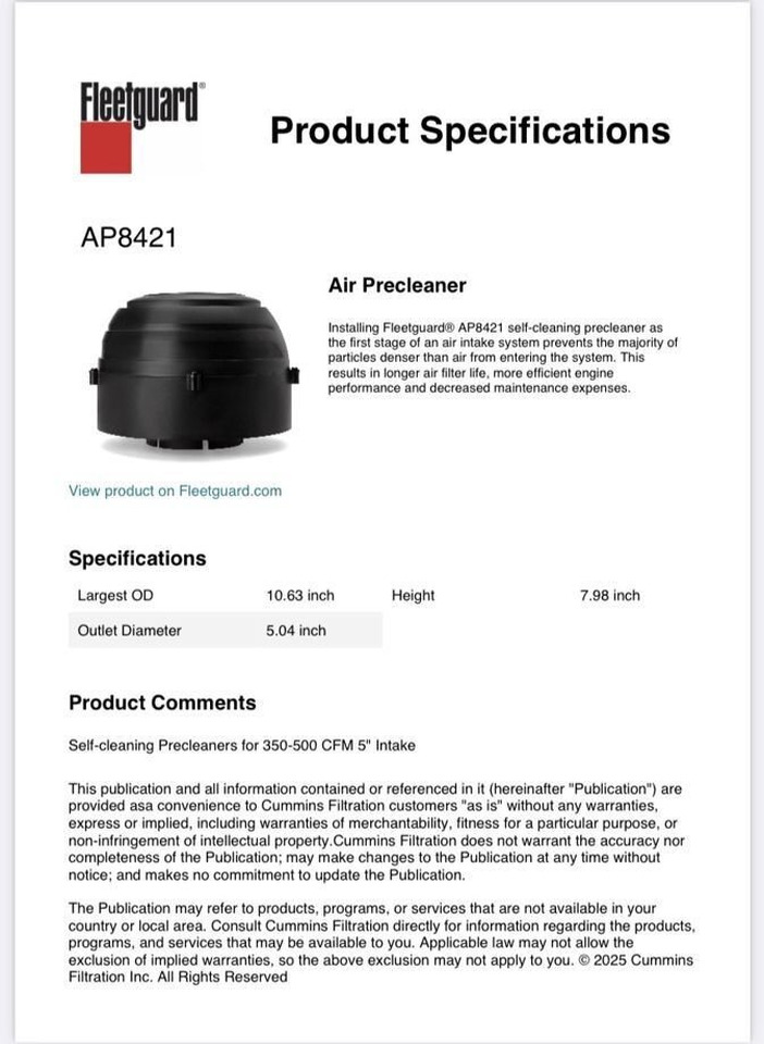 Fleetguard AP8421 очиститель впускного коллектора fleetguard - Система впуска: фото 2 Fleetguard AP8421 очиститель впускного коллектора fleetguard - Система впуска: фото 2